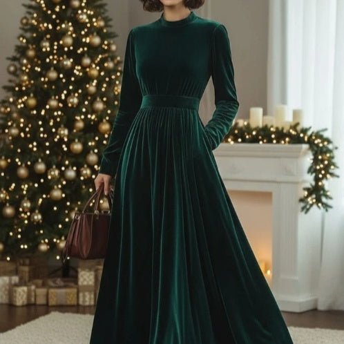 Stand Collar Loose Party Pocket Solid Velvet Long Sleeve Maxi Dress